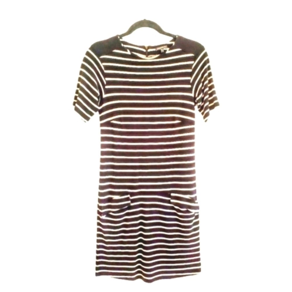WAREHOUSE Bodycon Nautical Black /White striped Pockets Summer Knit Dress Sz 4-6